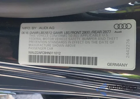 2017 Audi A7 3.0T Premium Plus z USA, uszkodzony, nr VIN WAU22AFC8HN011012